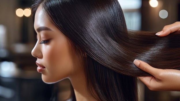 Close-up view of healthy, lustrous black hair being styled. photo