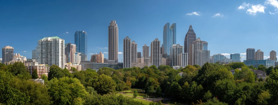 A city skyline with trees and buildings in the foreground photo