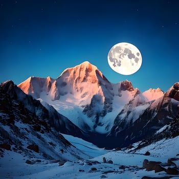 Majestic Snowy Mountain Peak Under a Full Moon at Night photo