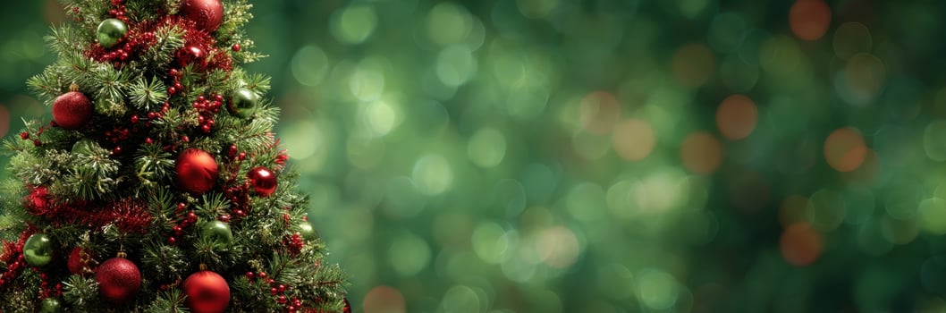 Decorated Christmas Tree in Bokeh Background Celebration and Holiday Decor with Green Backdrop and Warm Lighting for Merry Holiday Seasons photo
