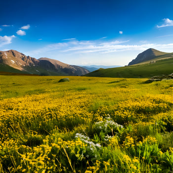 Vibrant Yellow Wildflowers in an Alpine Meadow with Mountain Background photo
