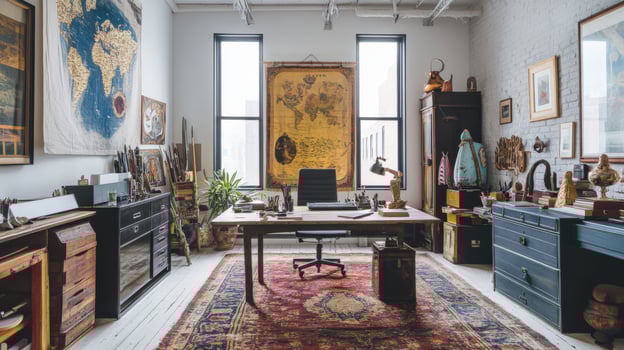 Intriguing loft workspace filled with antique treasures. photo