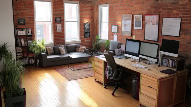 Bright loft workspace with comfortable seating area. photo
