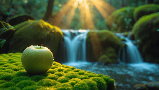 Green Apple Near Waterfall in Forest photo