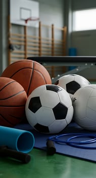 Various sports equipment on a blue mat photo