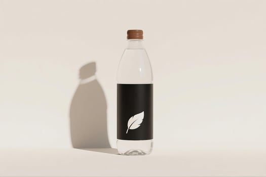 A bottle of water with a leaf on it photo