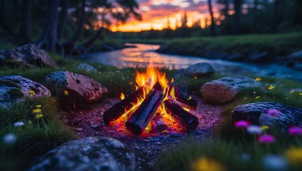 Campfire in Nature Near River with Sunset Sky photo