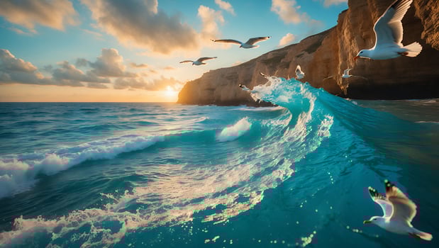 Seagulls Fly Over Wave with Coastline and Sunset photo