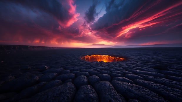 Fiery Hole on Black Rocky Field Under Dramatic Sky photo