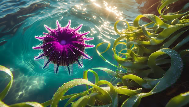 Purple Sea Urchin in Clear Ocean Water Near Seaweed photo
