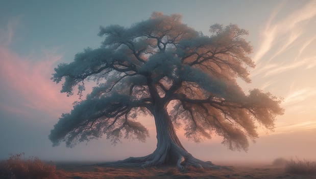 Solitary Tree Under Soft Sky at Sunrise photo