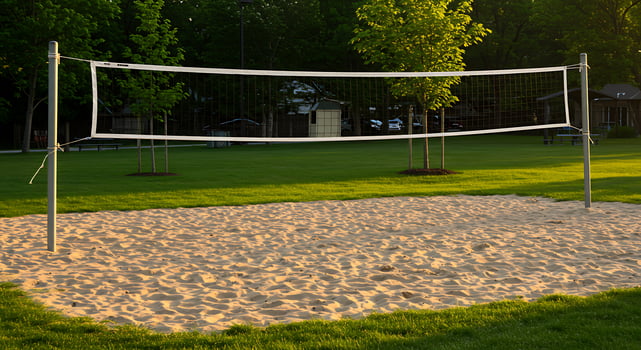 A volleyball net in a park photo