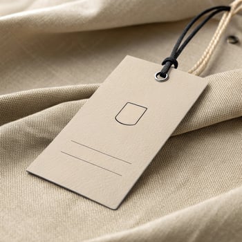 Minimalist clothing tag with a simple design on textured fabric for fashion branding concept photo