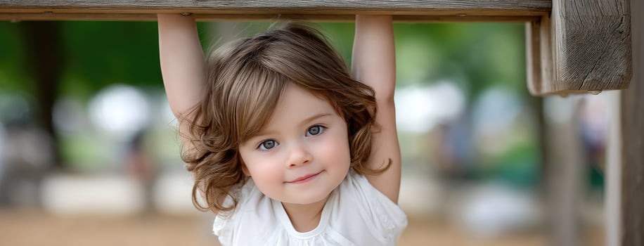 A little girl is hanging from a wooden structure photo