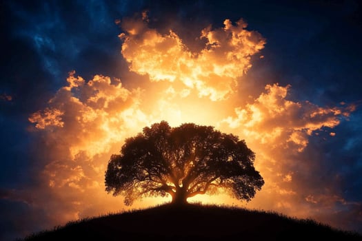 A tree is silhouetted against the sun and clouds photo