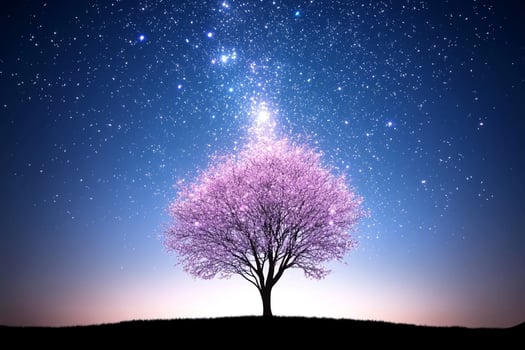 A tree with pink blossoms on a hill at night photo