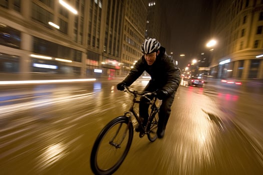 A man riding a bike on a wet street photo