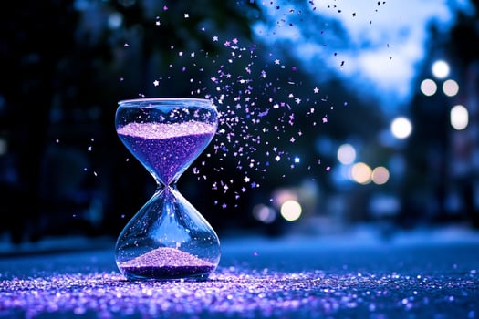An hourglass with purple glitter falling out of it photo