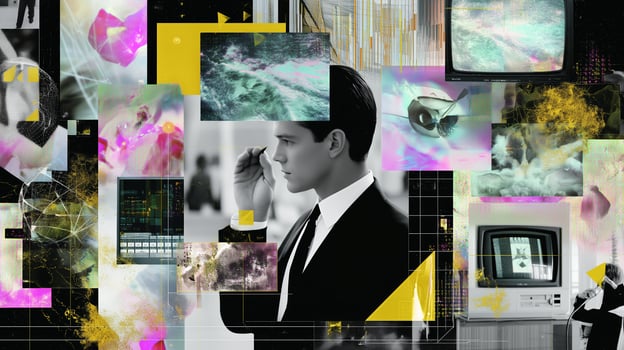 Dynamic collage featuring a man in a suit surrounded by vibrant digital visuals and multimedia elements photo