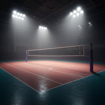 A volleyball court is shown in a dark room photo