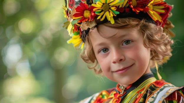 National Day of Belgium, portrait of a young blonde boy in a national costume with embroidery and ornaments, wreath of flowers, copy space, free space for text photo