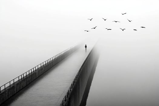 A person walking on a bridge with birds flying above photo