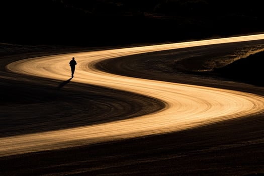 A person walking on a road at dusk photo