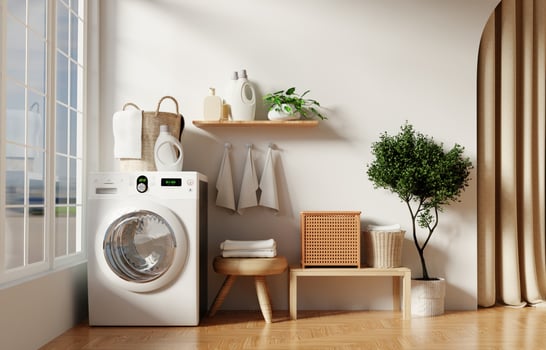 Home laundry organization with modern appliances and elegant decor. 3D render illustration photo