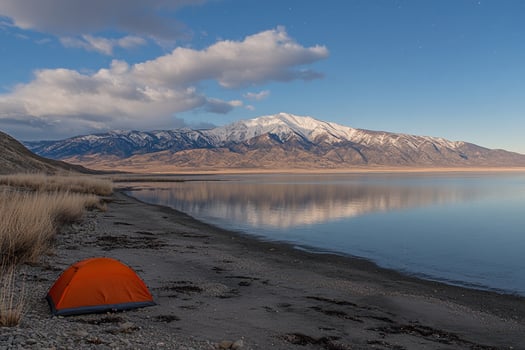 A tent sitting on the shore of a lake photo