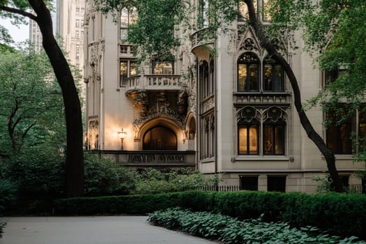 A walkway in front of a building with trees photo