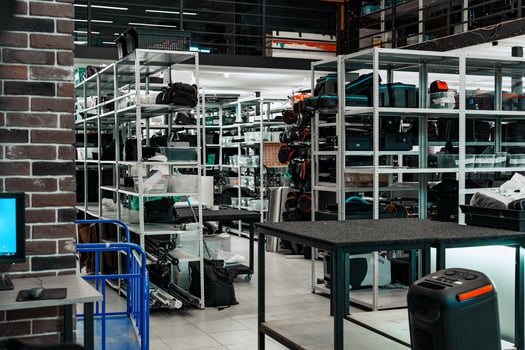 Warehouse filled with organized shelves of equipment and supplies in a bustling urban environment photo
