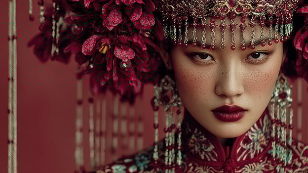 Traditional beauty is highlighted with detailed floral headdress and rich red attire in cultural celebration photo