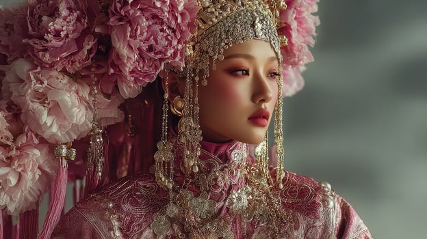 Elegant cultural portrait showcasing a model adorned in ornate traditional attire surrounded by pink peonies photo