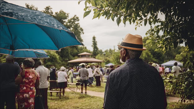 Man with Blue Umbrella at Juneteenth Celebration in Local Park photo