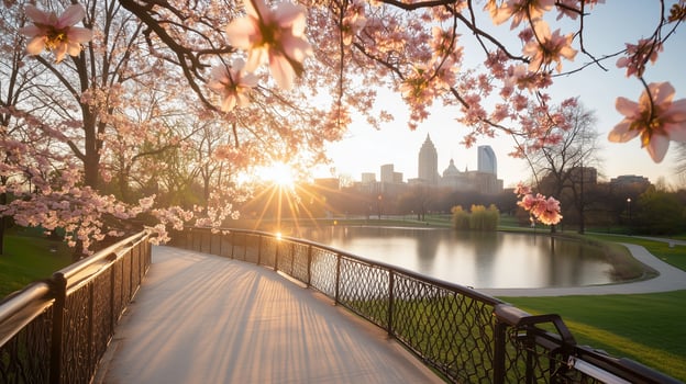 Sunlight beams through cherry blossoms over a peaceful park lake at dawn in a bustling city photo