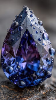 Colorful water droplets adorn a beautifully cut gemstone resting on a textured surface in natural light photo