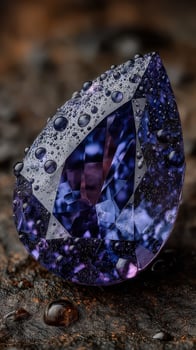 Beautiful purple gemstone with water droplets captured in detailed close-up on a textured dark surface photo
