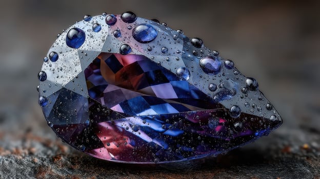 Sparkling gemstone with droplets resting on its surface captured in detailed lighting photo