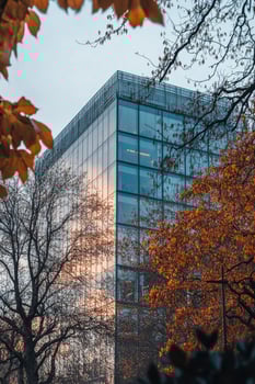 Modern Glass Building Surrounded by Autumn Trees in Urban Setting During Late Afternoon photo