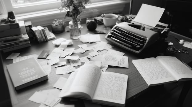 Creative writing workspace filled with notes, books, and a vintage typewriter in a cozy room during daylight photo
