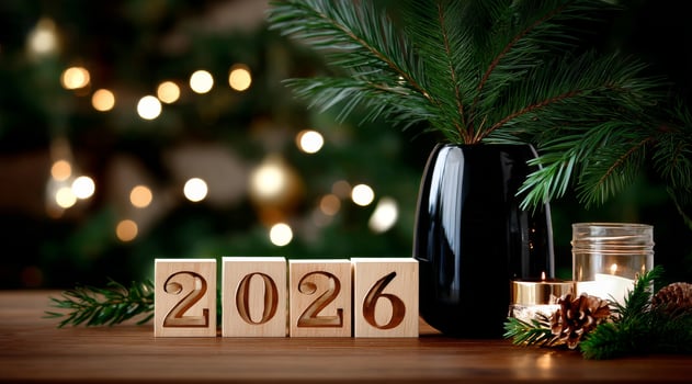 Festive Decorations With Wooden Blocks Showing the Year 2026 and Greenery on a Wooden Table photo