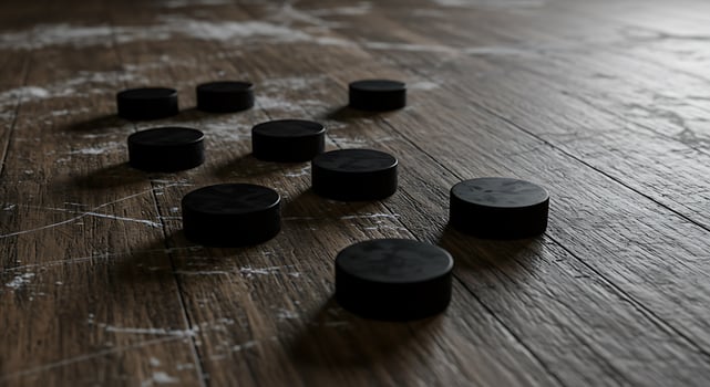 A group of black hockey pucks on a wooden floor photo