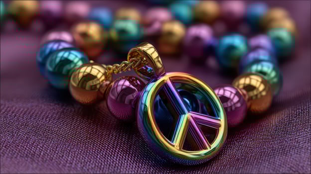 Colorful beaded bracelet featuring a golden peace symbol on a vibrant fabric background photo