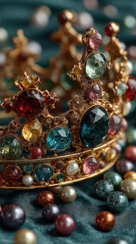 Beautifully crafted crown adorned with colorful gemstones on an elegant fabric background photo