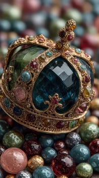 Intricate crown surrounded by colorful gemstones displayed on a smooth surface photo