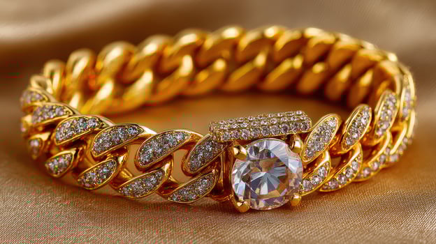 Luxurious gold bracelet with diamond accents displayed on a satin surface photo