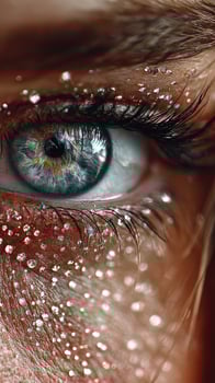 Close-up of an eye adorned with glittering droplets and striking blue iris captured in soft light, emphasizing intricate details and textures photo