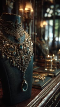 Intricate necklace displayed in an elegant jewelry shop showcasing fine craftsmanship and luxurious design elements photo