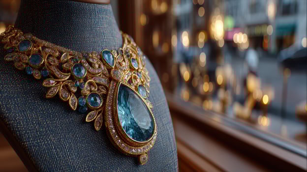 Elegant blue gemstone necklace on display at a luxurious jewelry store during sunset photo