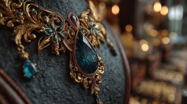 Jewelry display showcasing intricate gold craftsmanship and blue gemstones in an elegant boutique setting photo